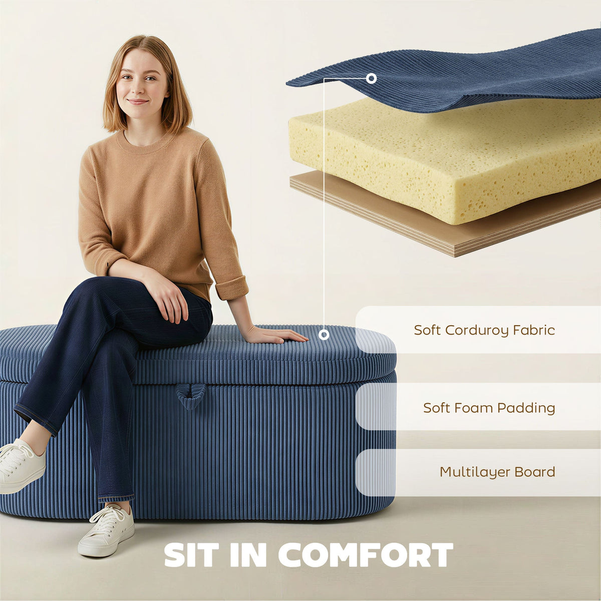 HOMCOM Storage Ottoman, Corduroy Upholstered Ottoman Storage Box with Padded Seat, 105 x 51 x 49 cm, Blue