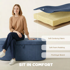 HOMCOM Storage Ottoman, Corduroy Upholstered Ottoman Storage Box with Padded Seat, 105 x 51 x 49 cm, Blue