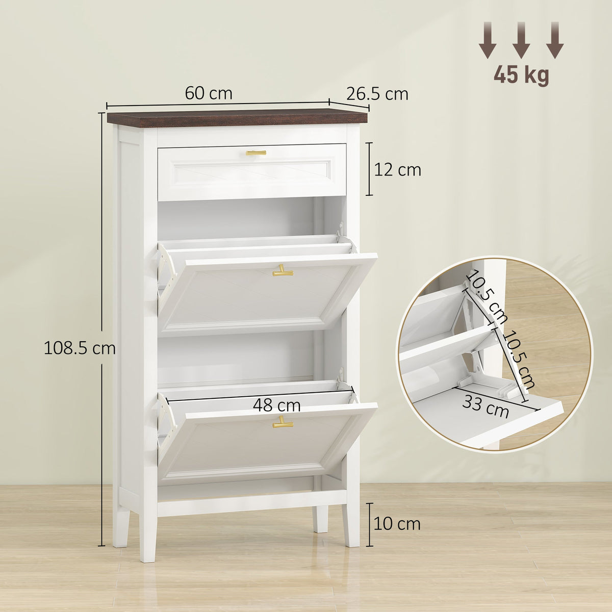 HOMCOM Shoe Cabinet with 2 Flip Drawers, Farmhouse Narrow Shoe Storage Cabinet with Adjustable Shelves, White