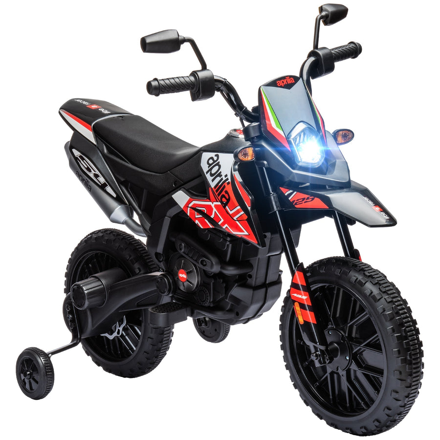 AIYAPLAY 12V Aprilia Licensed Kids Motorbike with Training Wheels in red and black with bright headlight