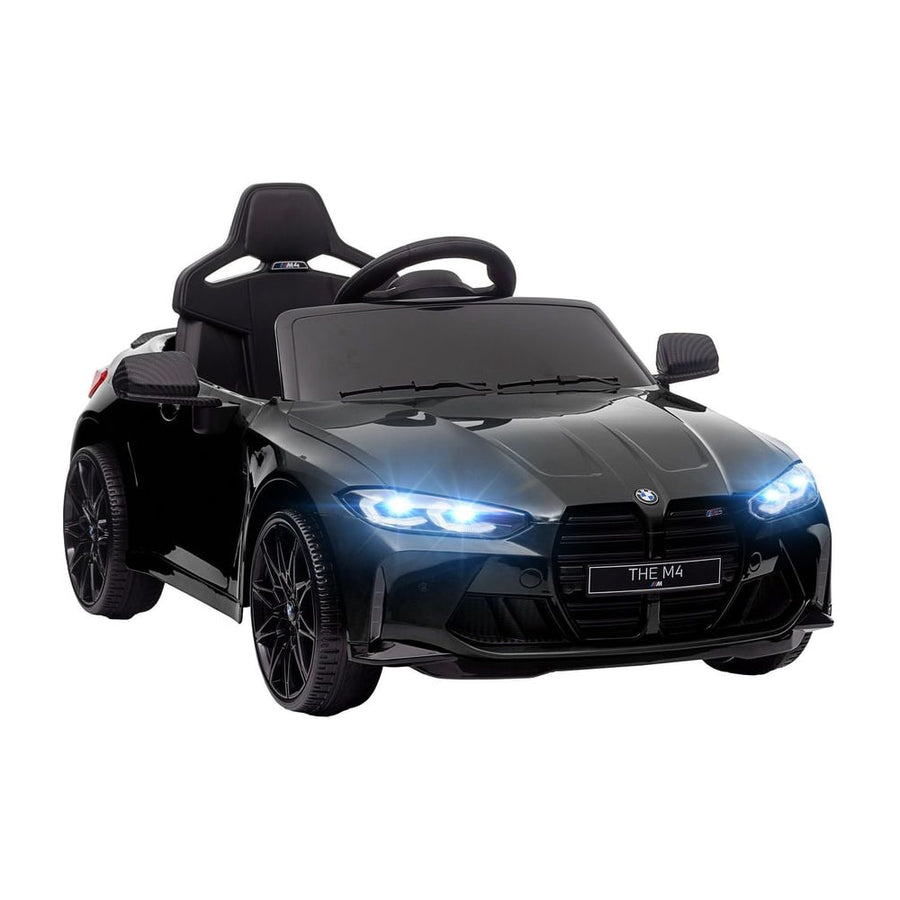 AIYAPLAY 12V BMW Licensed Kids Car in black with headlights on