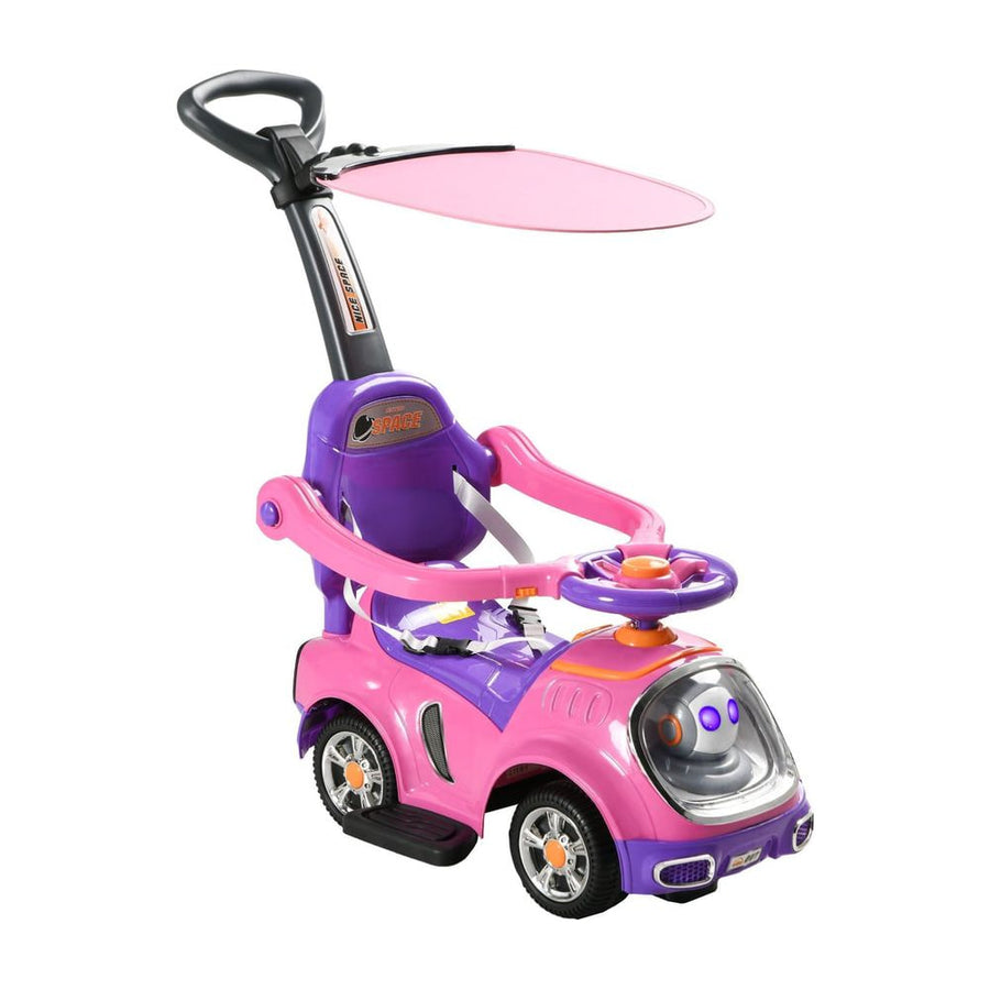 AIYAPLAY 3 in 1 Ride on Push Car in pink with a canopy, handle and robot themed front design