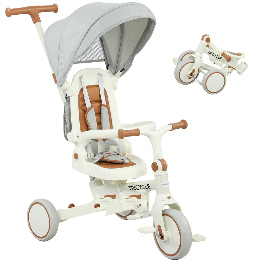 AIYAPLAY 5 in 1 Kids Trike with Adjustable Backrest in Cream White