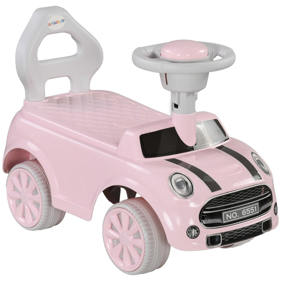 AIYAPLAY Foot To Floor Ride On Car in pink with a grey seat back and steering wheel on white background