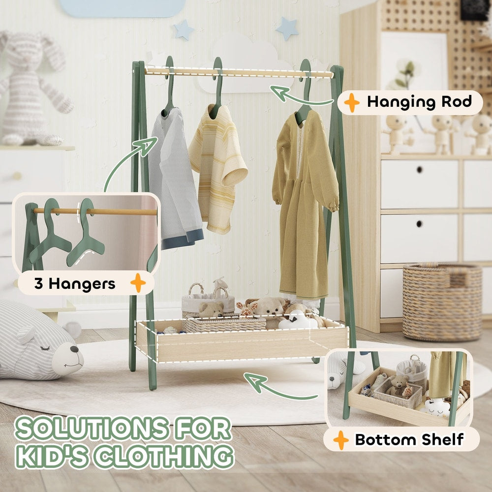 A green kids clothes rail with labels pointing to the hanging rod and bottom storage shelf