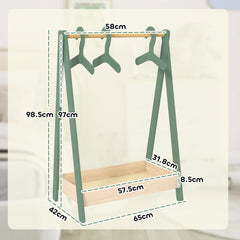 A green kids clothes rail with dimensions shown for height, width and depth