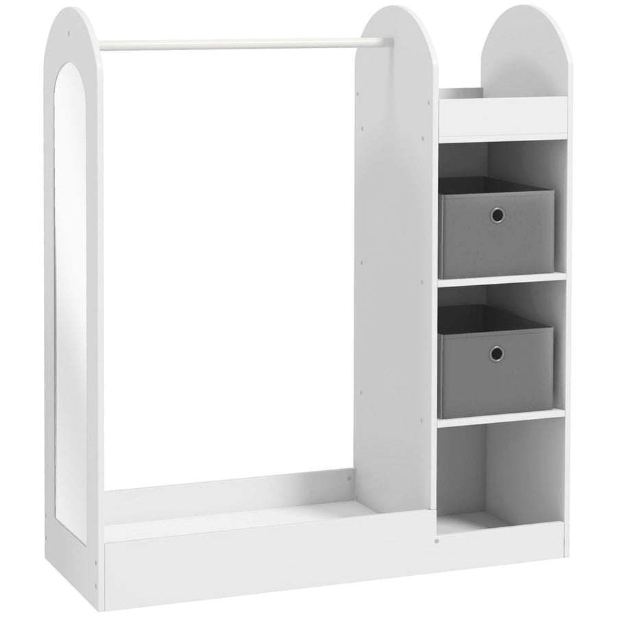 AIYAPLAY Kids Clothes Rail with Storage Shelf, a white wooden unit with a hanging rail, shelf and mirror
