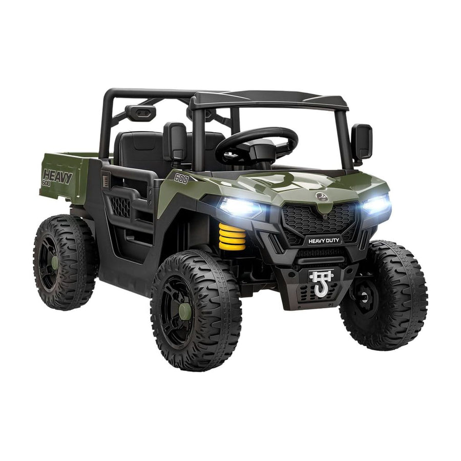 AIYAPLAY Kids Ride on Car, a green electric UTV with a dump bed and four-wheel suspension