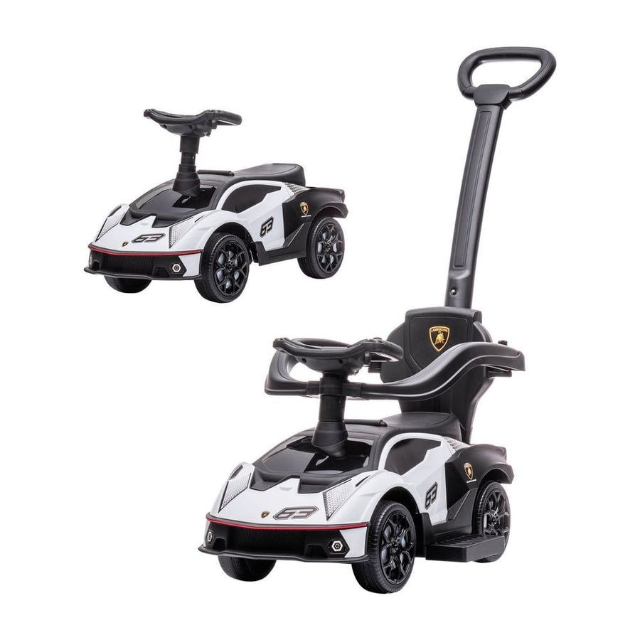 AIYAPLAY Licensed 2 in 1 Baby Ride on Push Car, a white and black toy car with a parent handle and steering wheel