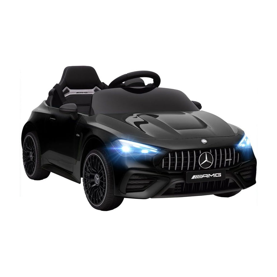 AIYAPLAY Licensed Mercedes AMG Kids Electric Car, a black ride-on car with headlights on