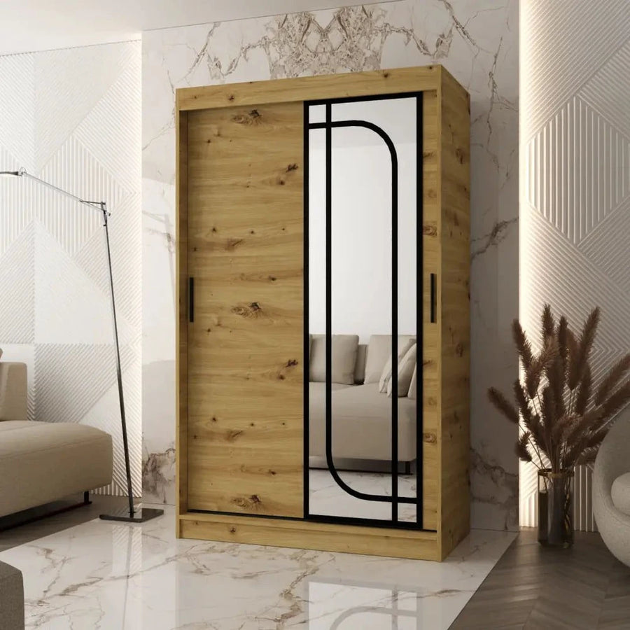Alabama Sliding Door Wardrobe 120cm with a mirrored door and wood effect door