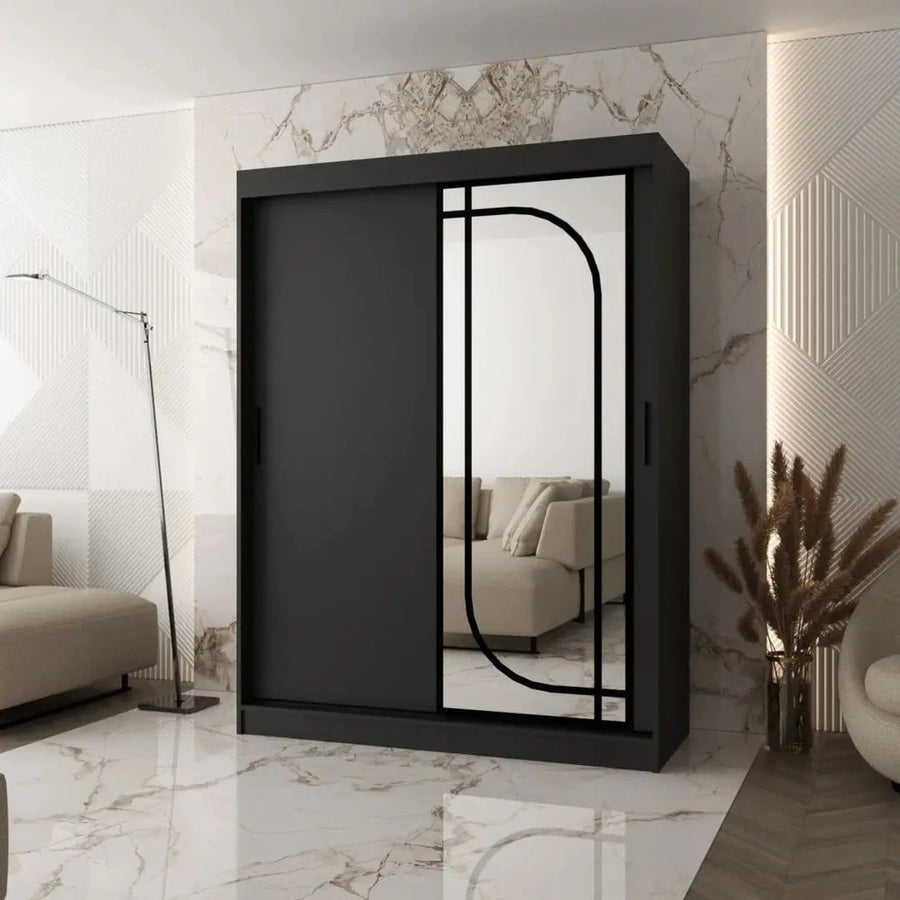 Alabama Sliding Door Wardrobe 150cm with a mirrored door and black frame