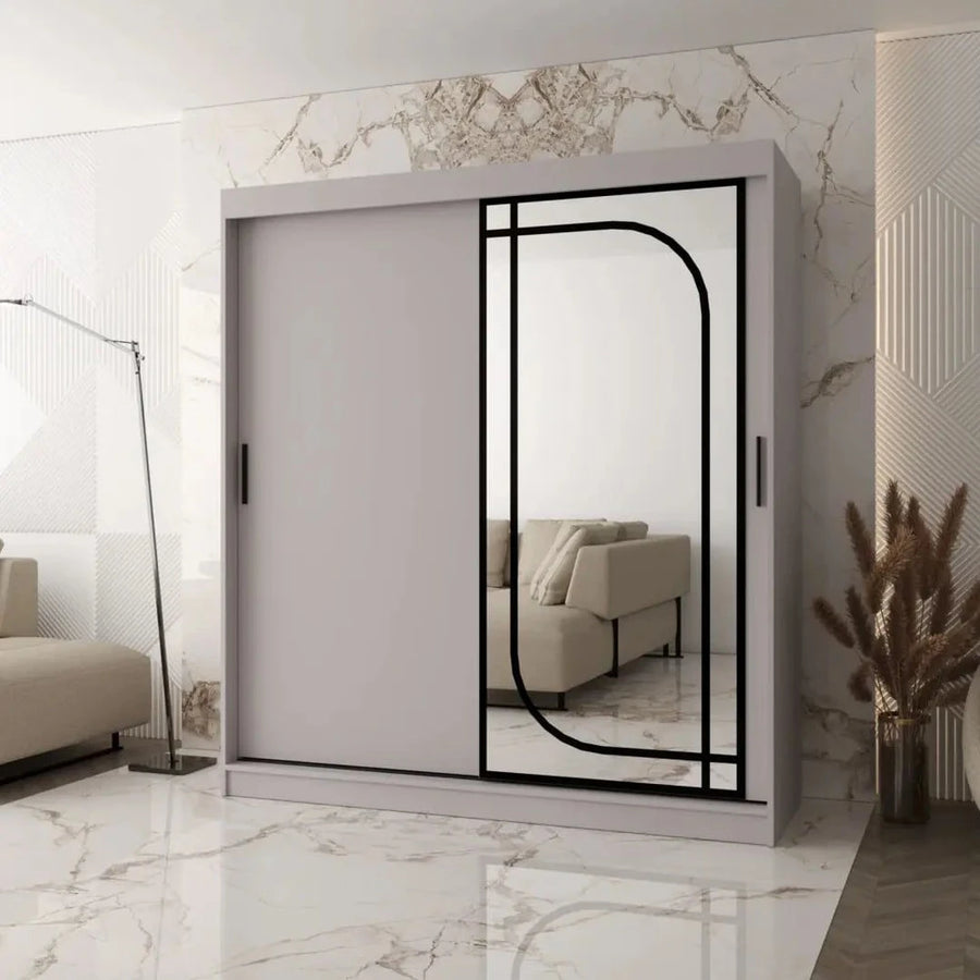 Alabama Sliding Door Wardrobe 180cm with a grey finish and a decorative mirror door in a room