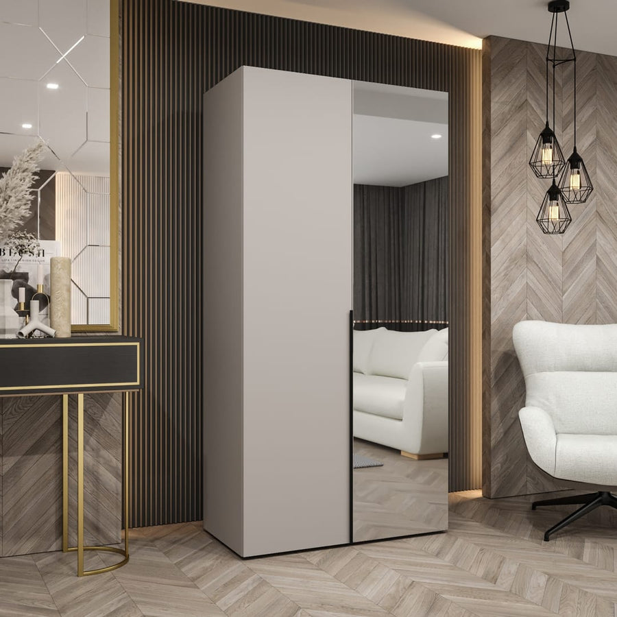 Alicante II Hinged Door Wardrobe 100cm with a mirrored door in a bedroom setting