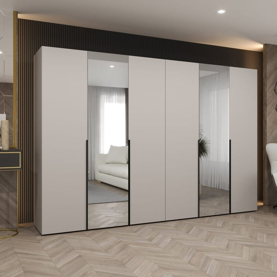Alicante II Hinged Door Wardrobe 300cm in a light grey finish with mirrored door panels