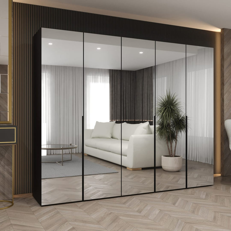 Alicante III Hinged Door Wardrobe 250cm with a black frame and full length mirrored doors