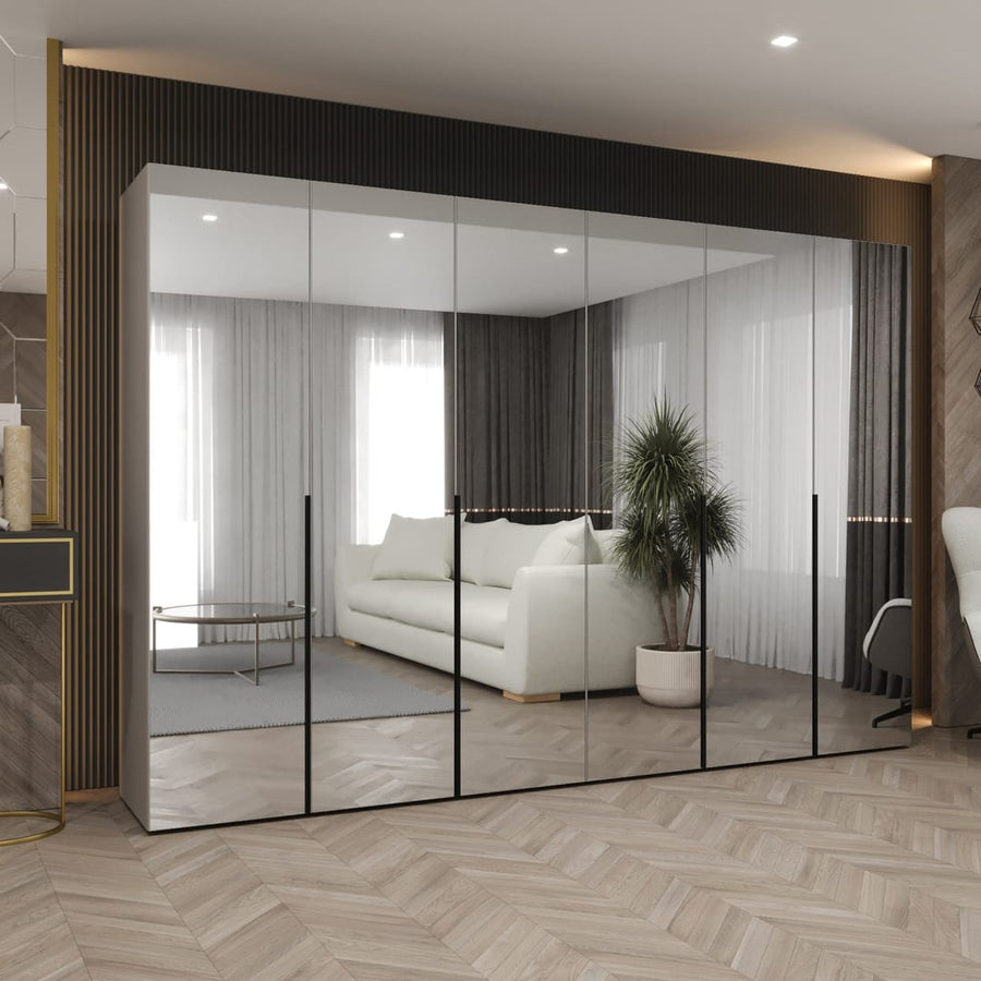 Alicante III Hinged Door Wardrobe 300cm with mirrored doors in a modern living room setting
