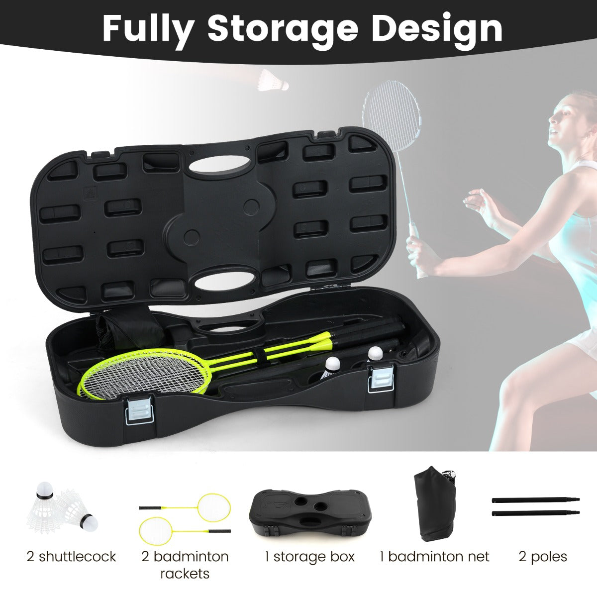 All-In-One Portable Badminton Net Set with Storage Base-Black