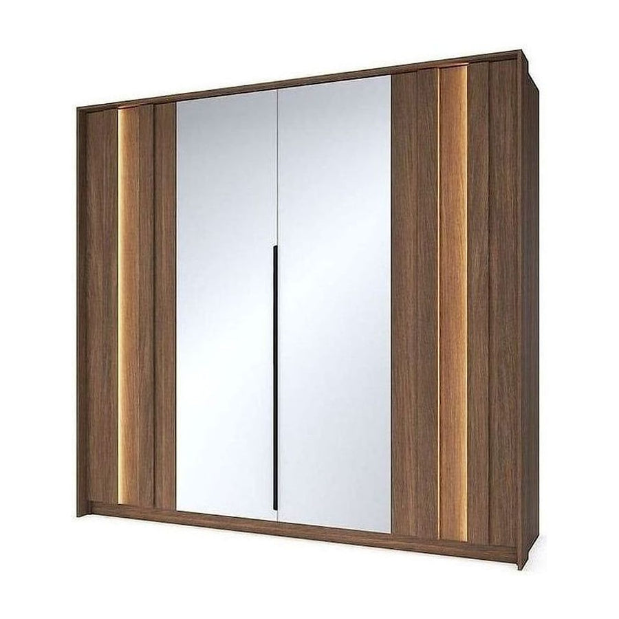Amaro Hinged Door Wardrobe 223cm with dark wood panels and central mirrored doors with integrated lighting