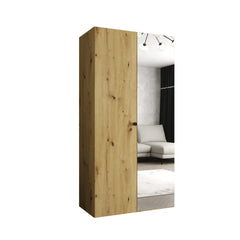 The hinged wardrobe featuring a natural oak wood grain finish and a tall mirror door