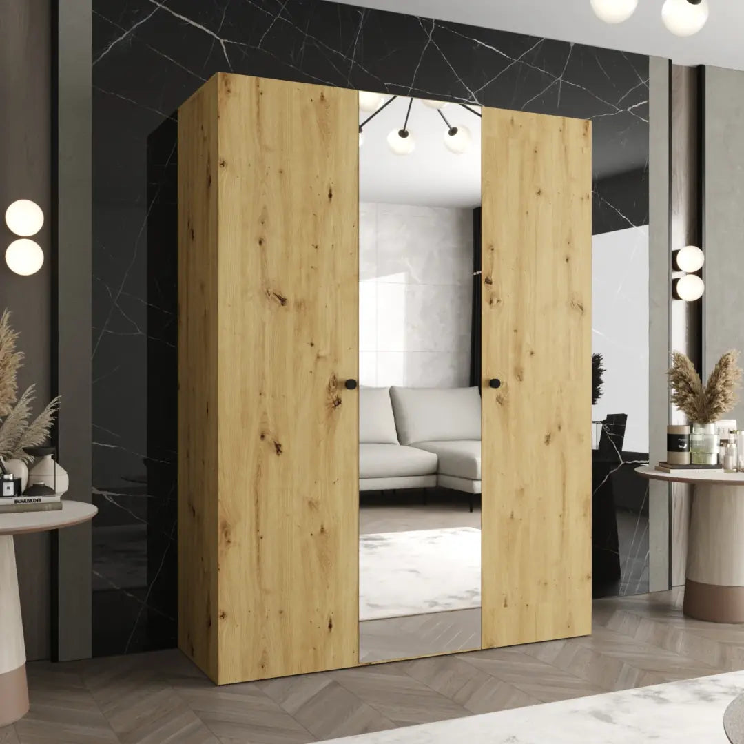 The hinged wardrobe in a light wood effect with a central mirrored door