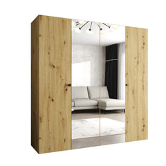 The oak effect hinged wardrobe with mirrored doors shown on a plain white background