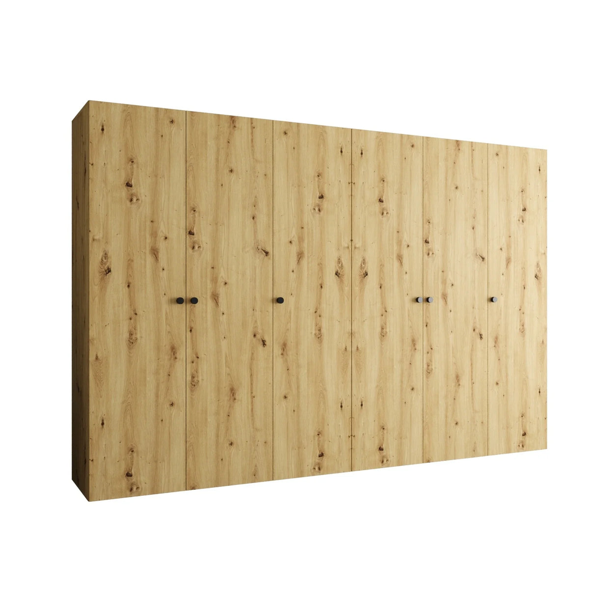 The hinged wardrobe with a wood effect finish shown freestanding