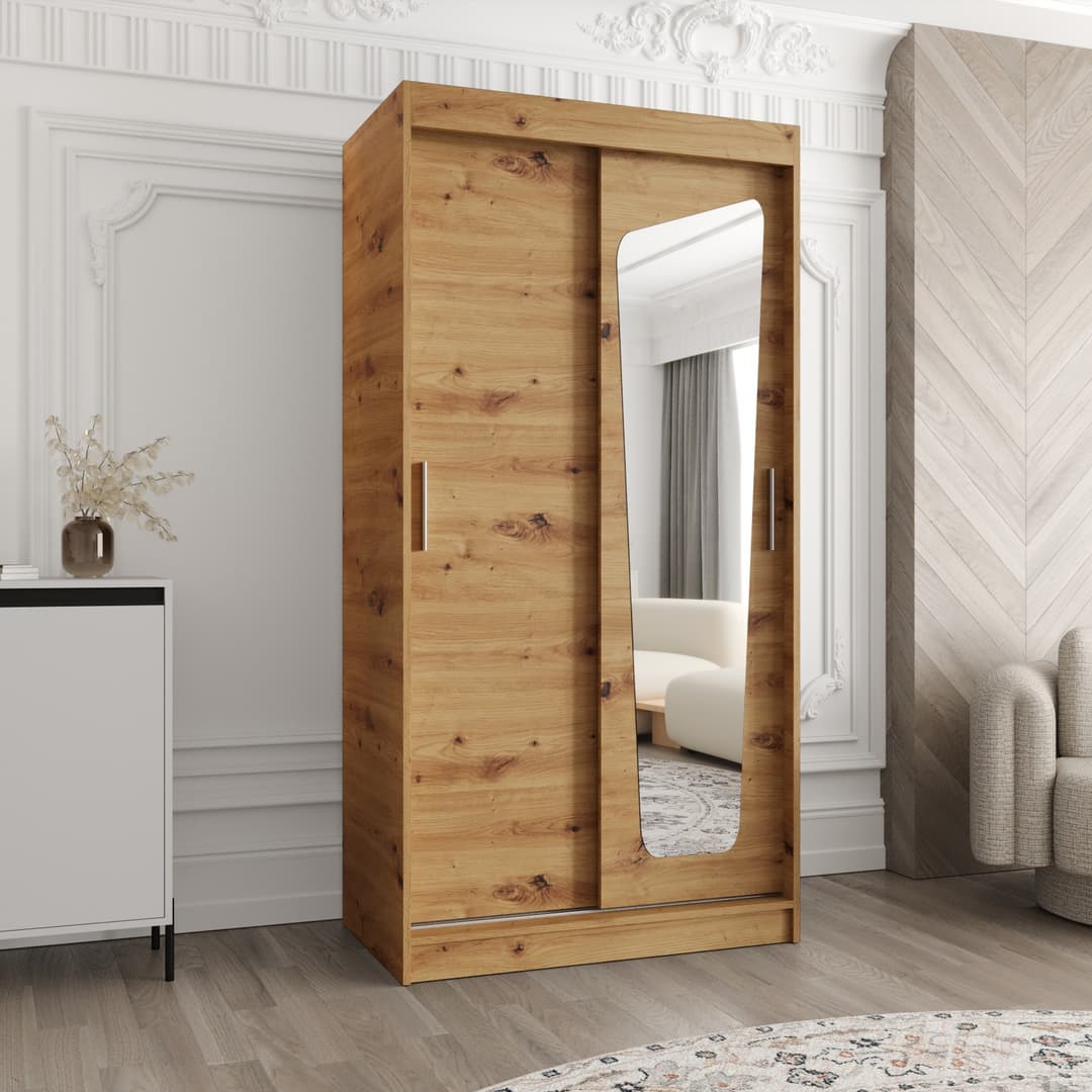The wood effect sliding door wardrobe with a single shaped mirror panel in a living room
