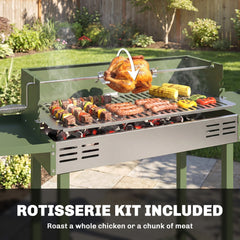 Outsunny BBQ Rotisserie Grill Roaster Charcoal Spit Roasting Machine for Chicken Turkey with 3-Level Grill Grate, Side Shelves, Dark Green