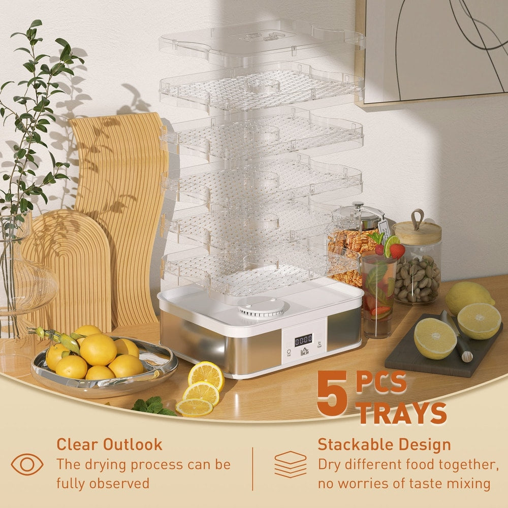 The food dehydrator with its five stackable trays disassembled, showing clear trays