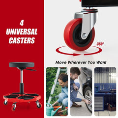 Red creeper seat with four universal casters and lifestyle images