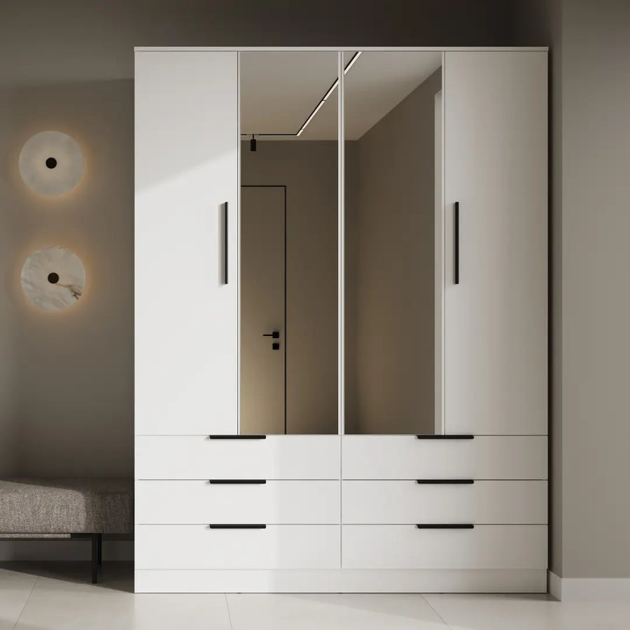 Avera AV-01 Hinged Door Wardrobe 170cm with white finish and central mirrored doors