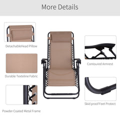 Outsunny Zero Gravity Chair Set of 2, Metal Frame Texteline Armchair Outdoor Folding and Reclining Sun Lounger with Head Pillow for Patio Decking Gardens Camping, Beige