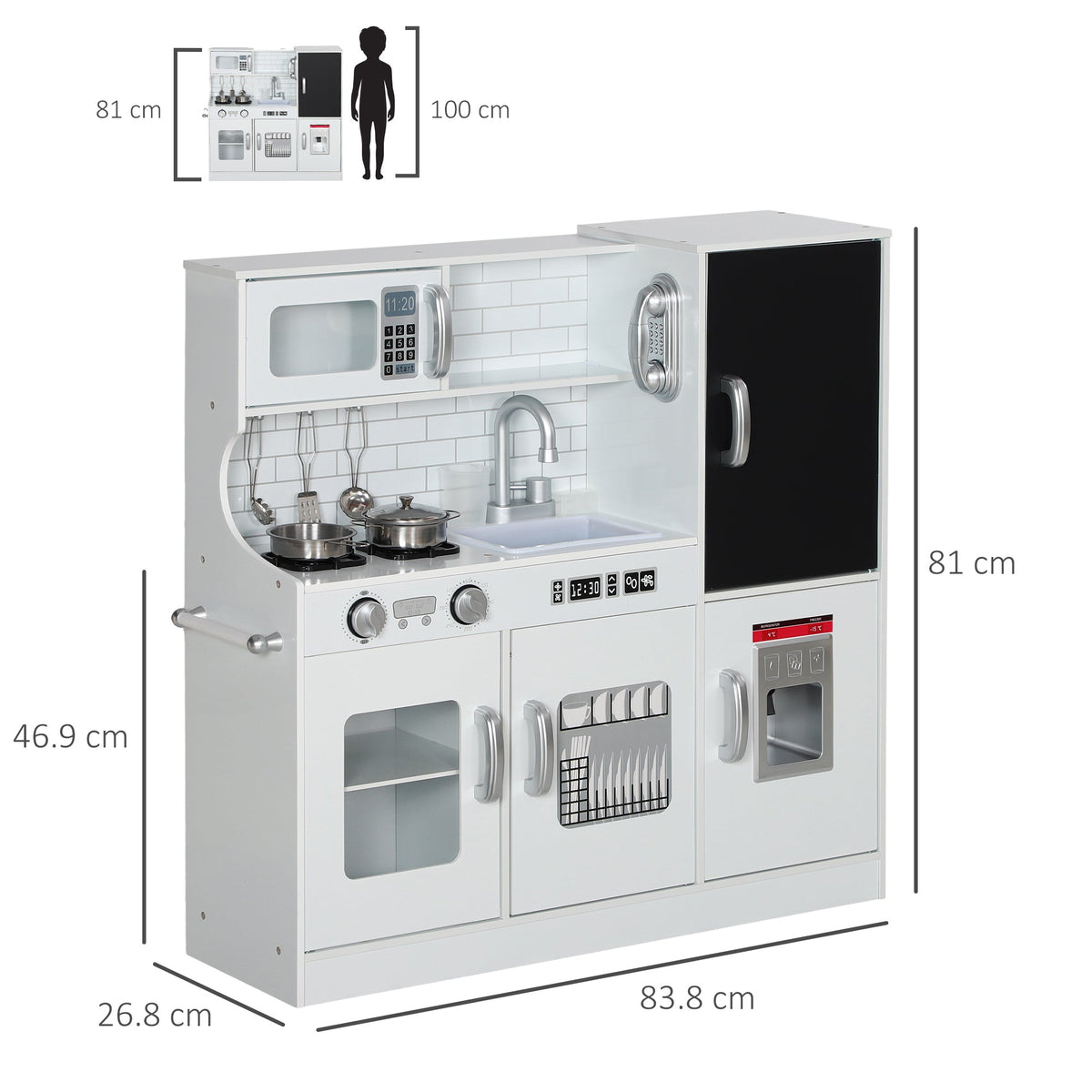 AIYAPLAY Pretend Play Kitchen, Kids Kitchen Playset, with Toy Phone, Chalkboard, Microwave, Cooking Stove, Sink, White