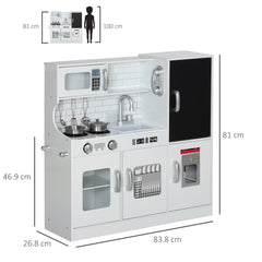 AIYAPLAY Pretend Play Kitchen, Kids Kitchen Playset, with Toy Phone, Chalkboard, Microwave, Cooking Stove, Sink, White