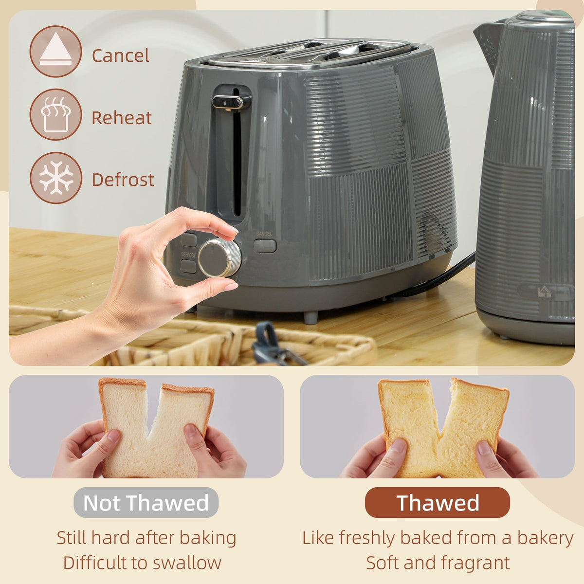 HOMCOM Kettle and Toaster Set, 1.7L 3000W Fast Boil Kettle & 2 Slice Toaster Kitchen Set with 7 Level Browning Controls, Defrost, Reheat, Boil-dry Protection, Grey