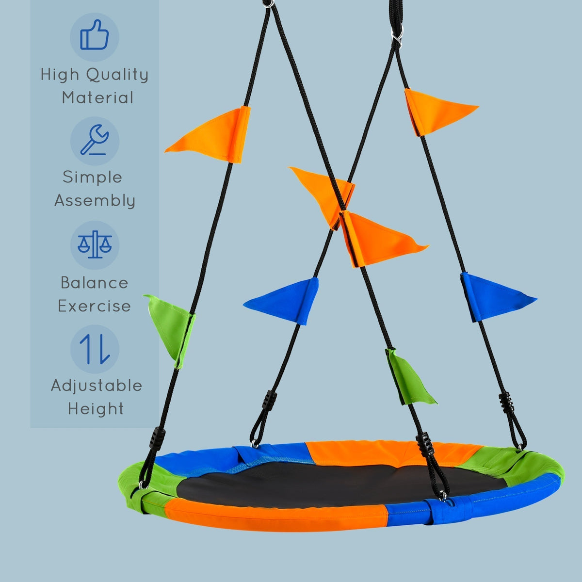 The saucer swing set displayed with icons and text highlighting its key design features