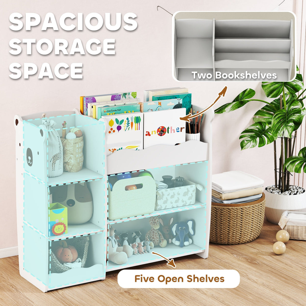 AIYAPLAY Kids Toy Storage Unit, Bear Design Kids Bookshelf and Toy Organiser, for Bedroom, Nursery, Playroom, White