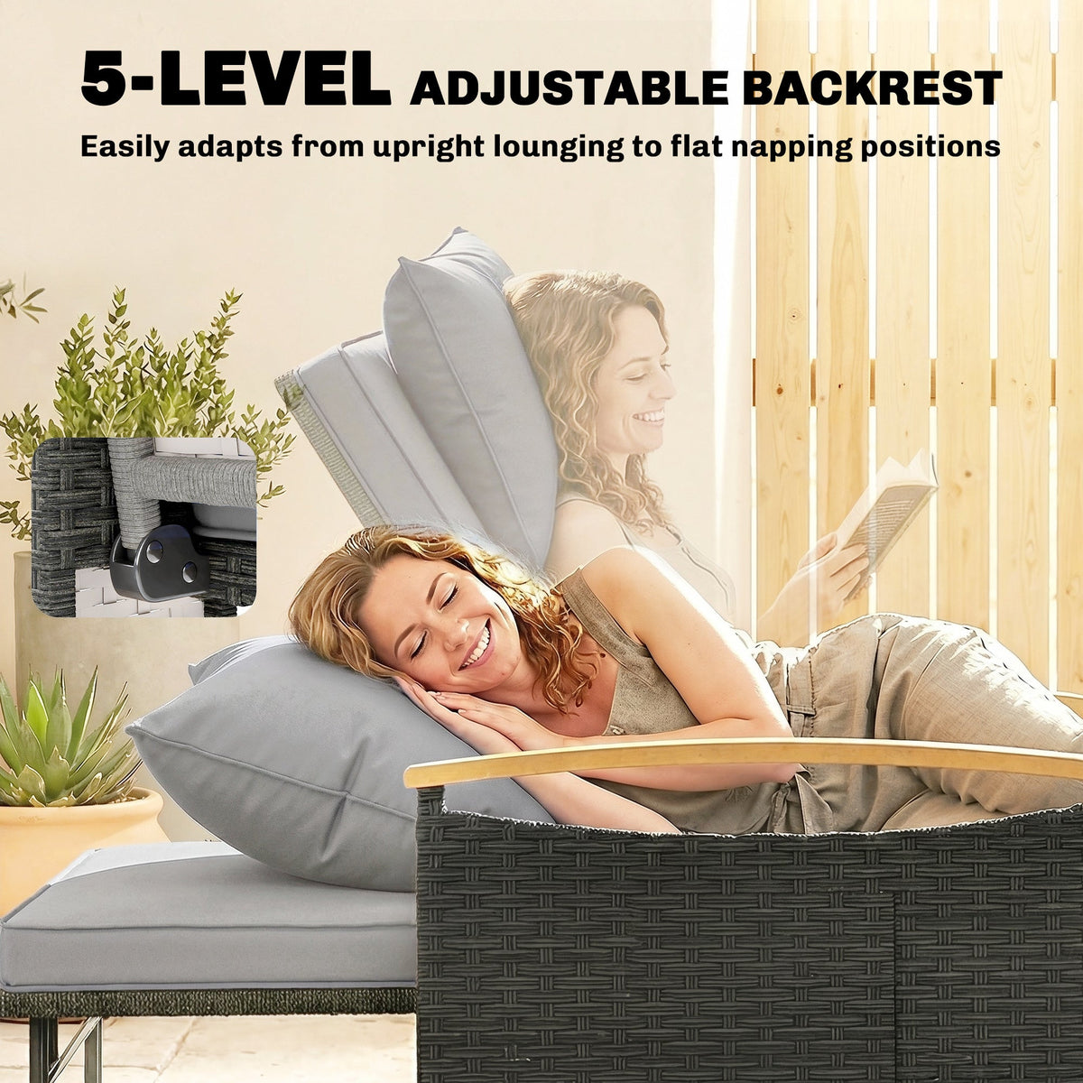 Outsunny Double Garden Rattan Daybed, Wicker Sun Bed Chaise Lounger with Storage Ottoman, 4-Level Adjustable Backrest, Dark Grey