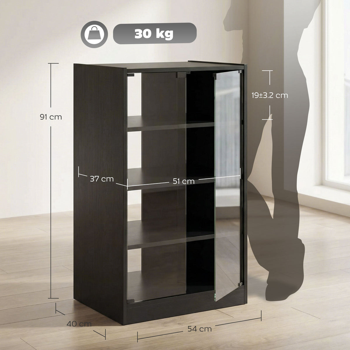 HOMCOM 4-Tier Hi-Fi Stand, Record Player Stand with Adjustable Shelves and Push-to-Open Glass Doors, Black Wood-Effect