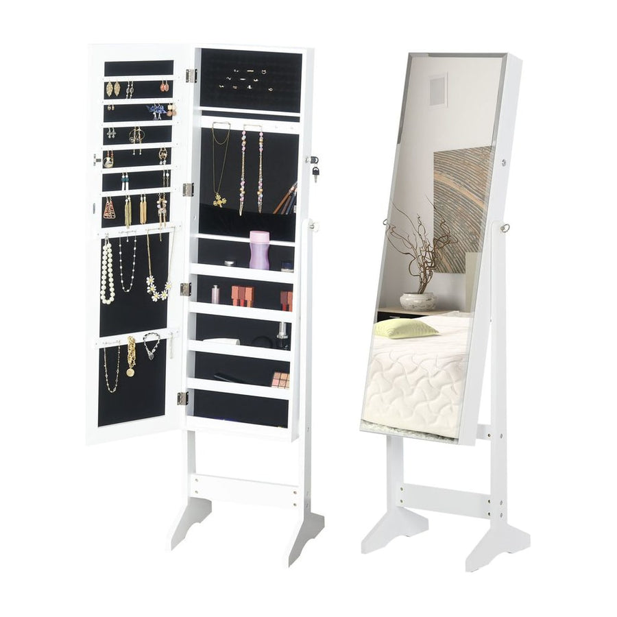 HOMCOM Jewelry Cabinet Standing Mirror Full Length Makeup Lockable Armoire Storage Organizer White
