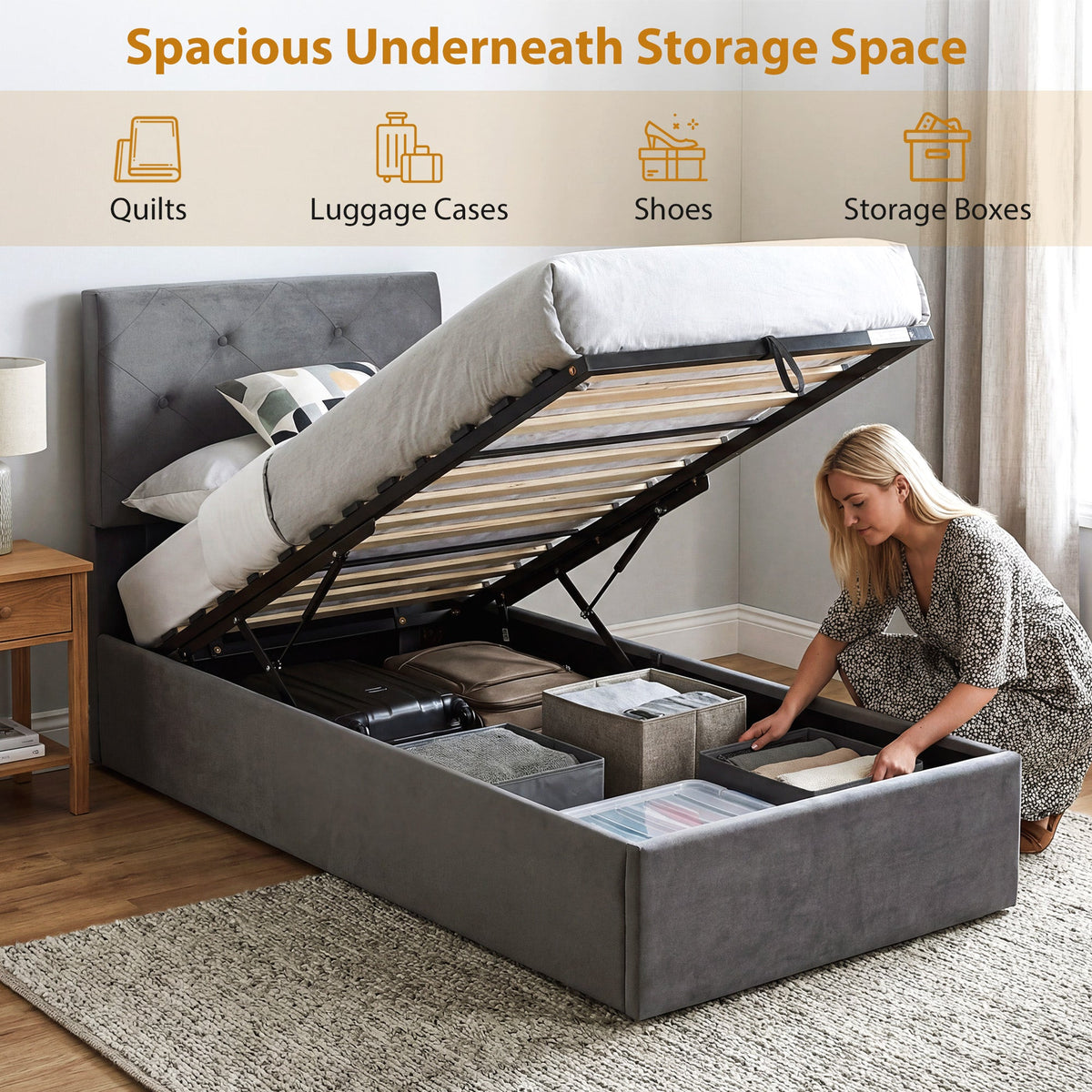 HOMCOM Single Bed Frame Gas Side Lift Under Bed Storage Upholstered Platform Bed Tufted Headboard for 90 x 190 cm Mattress