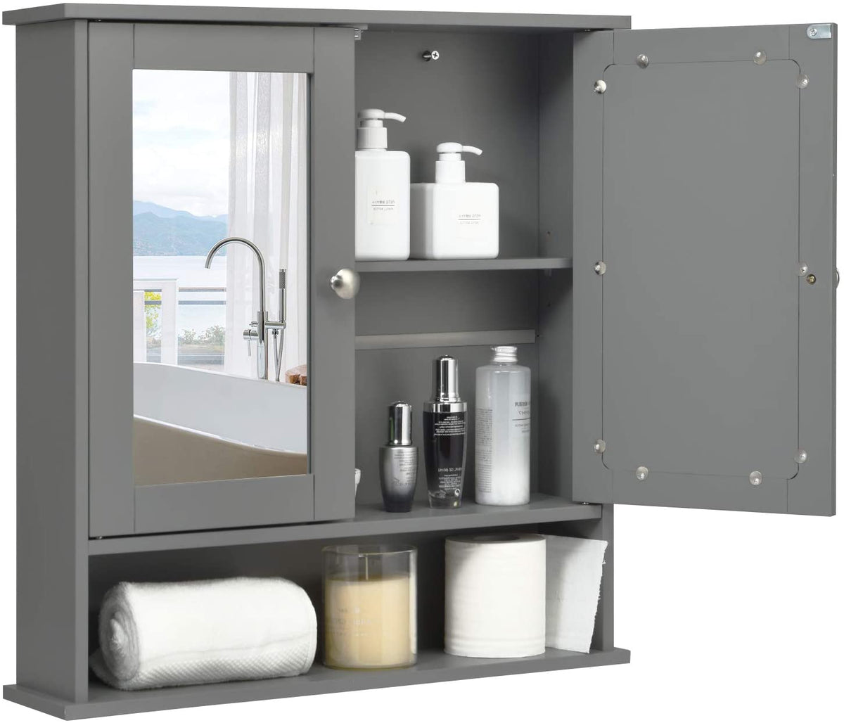 Wooden Hanging Medicine Organizer with Mirror and Adjustable Shelf grey wall cabinet with mirrored doors and open shelf