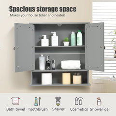 Grey wall cabinet with mirrored doors and open shelf, showing storage space