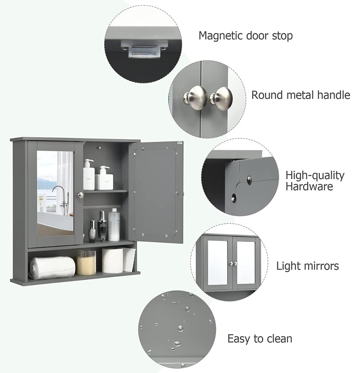 Grey wall cabinet with mirrored doors and open shelf, with close-up details