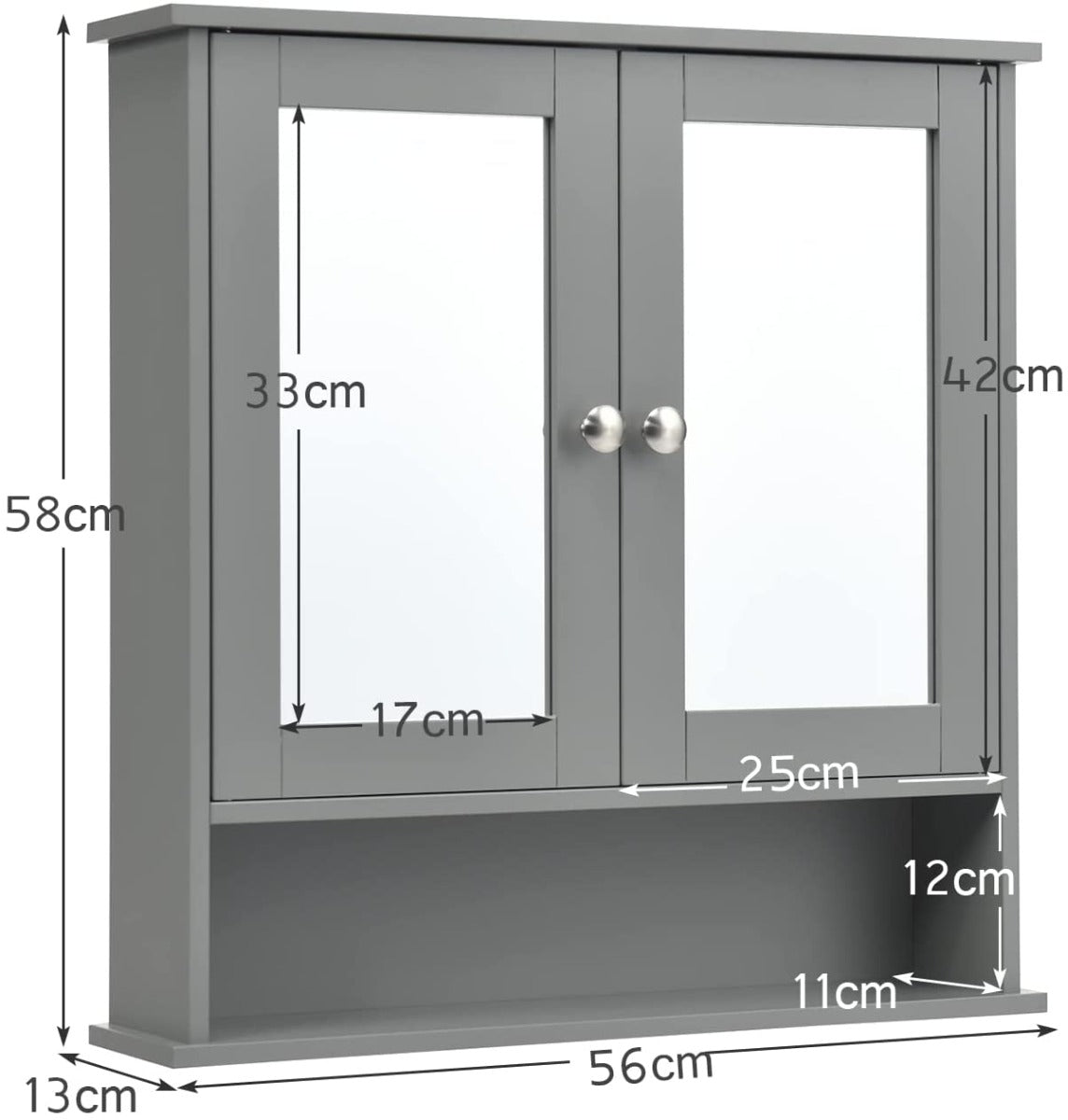 Grey wall cabinet with mirrored doors and open shelf, with dimensions shown