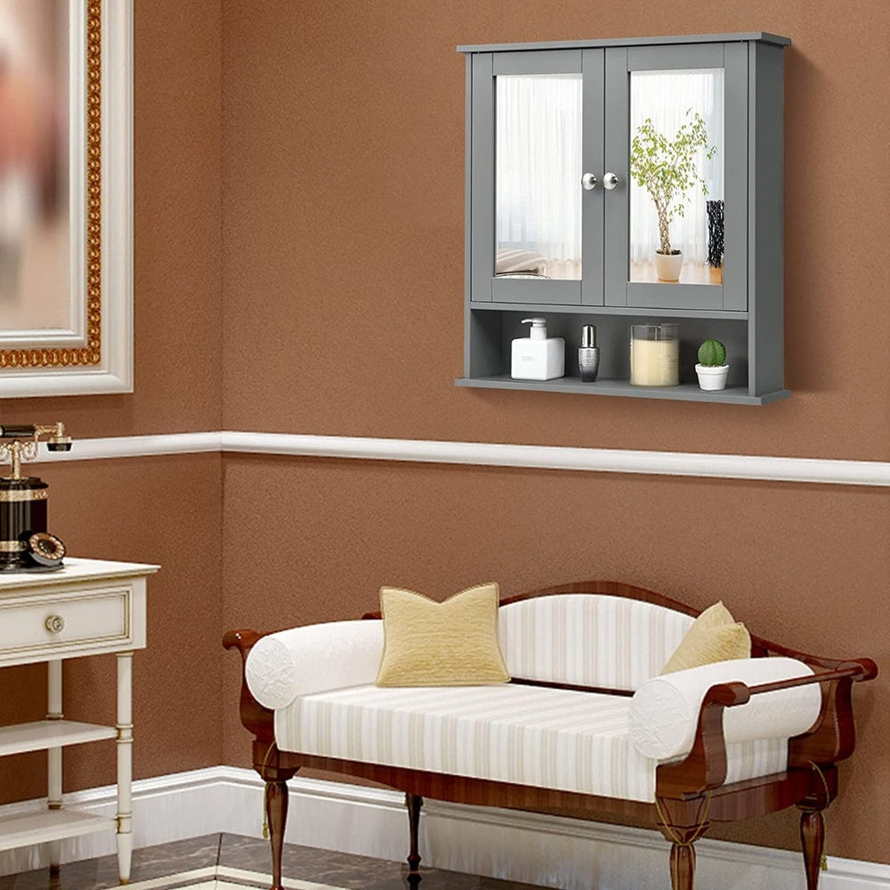 Grey wall cabinet with mirrored doors and open shelf, in a living room setting