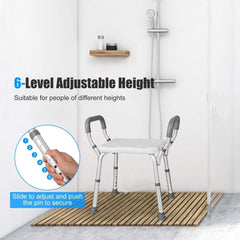 The bath safety chair showing the mechanism to adjust the height of the legs