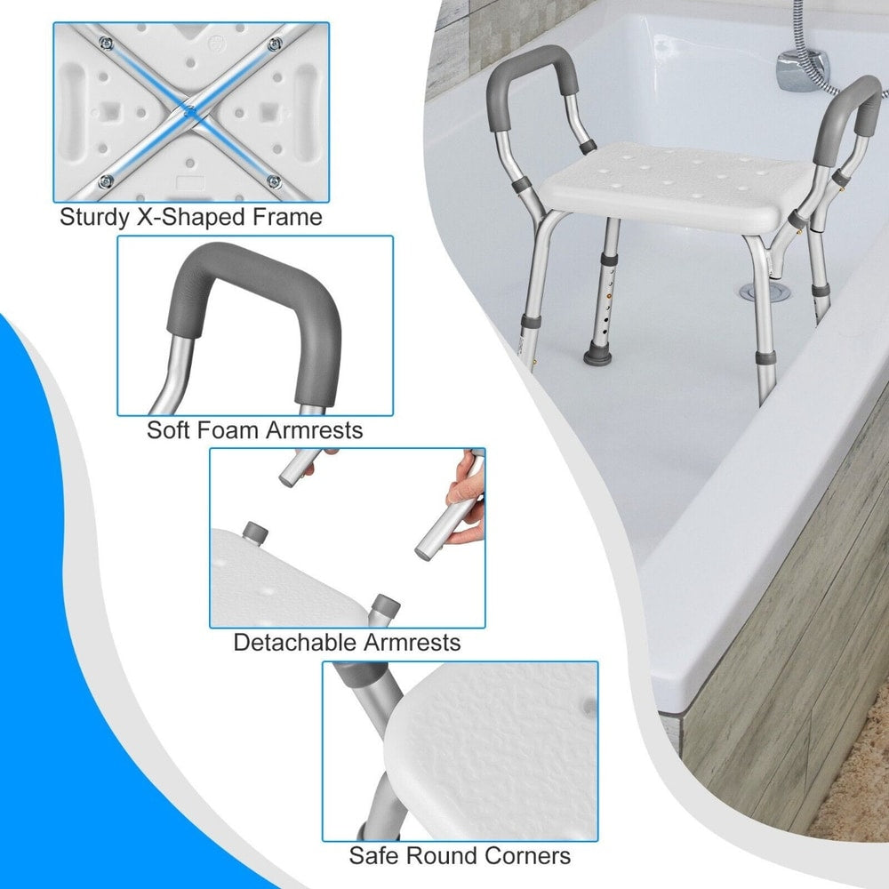 Close-up views of the bath safety chair's frame, armrests and feet