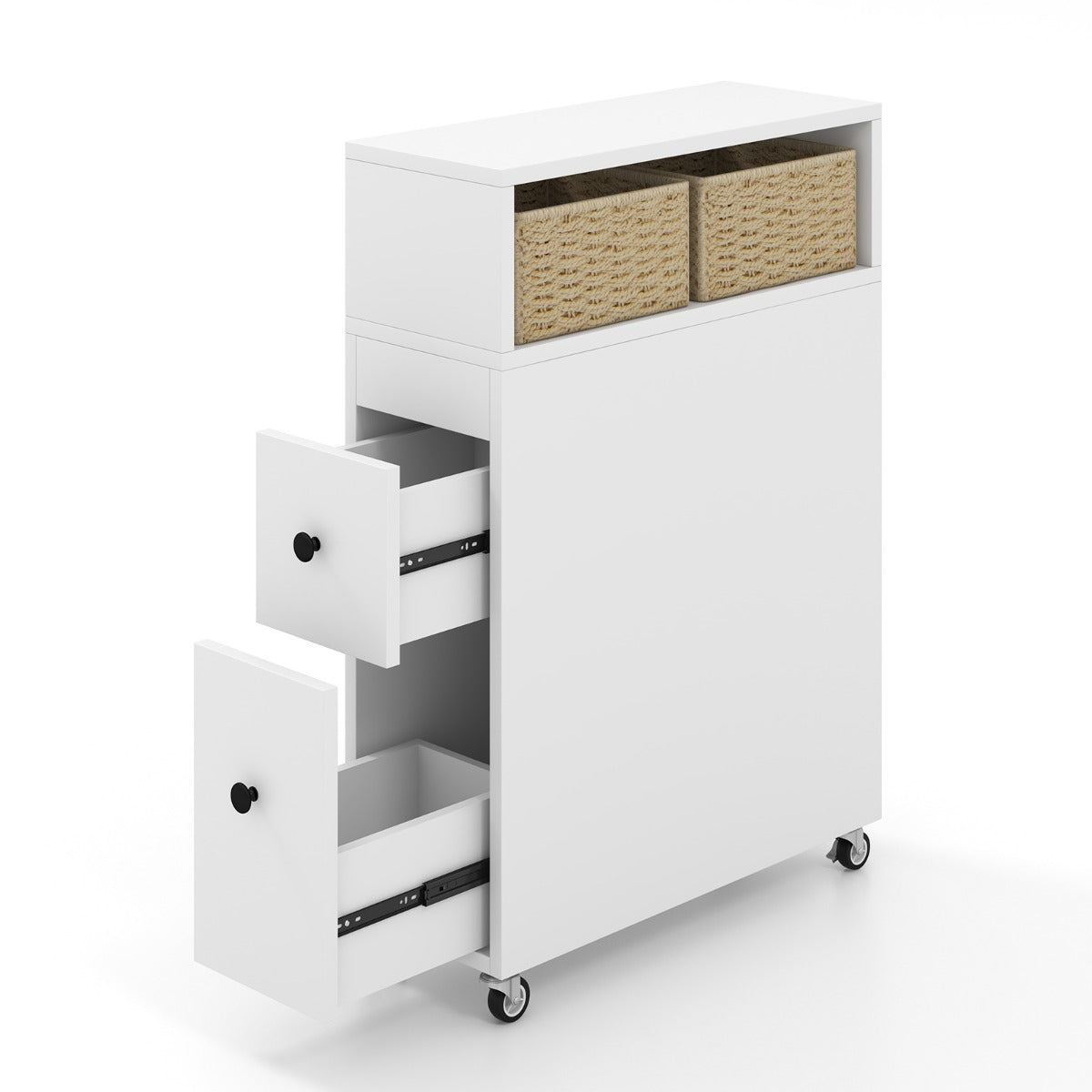 White slim floor cabinet with two drawers open showing storage space